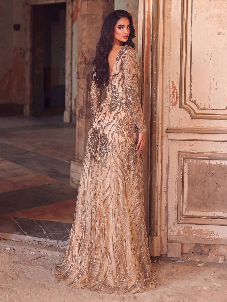 Faeriesty Deep V-Neck Backless Tie Sequin Formal Ball Gown Wedding Elegant Spring Party Fall