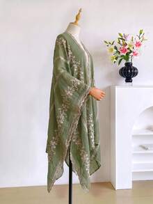 1件優雅花卉刺繡開襟和服式圍巾/沙龍披肩女款，春夏波希米亞風外套，海灘度假防曬罩衫，裝飾性刺繡開襟衫，適合日常穿著，完美禮物選擇 - 綠色 - 查看 3