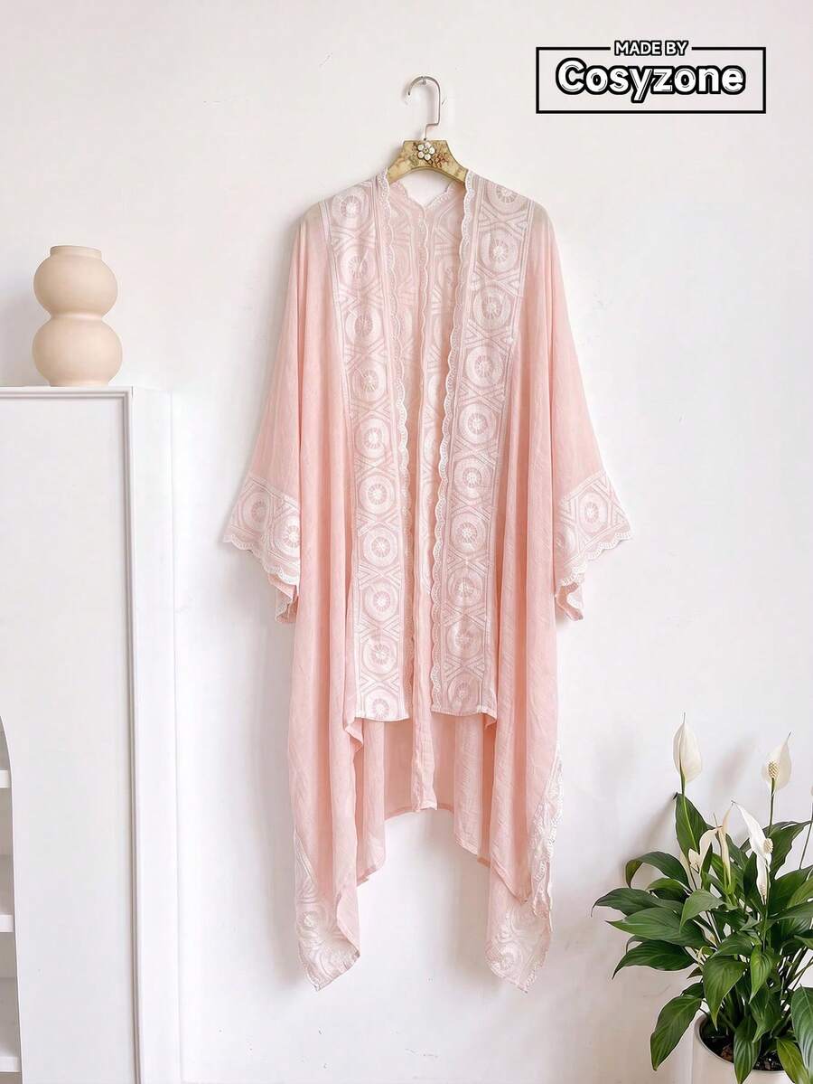 1件極簡幾何圖案刺繡開襟和服式披肩/圍裙,波希米亞風春夏外套,海灘度假防曬裝飾刺繡開襟衫,適合日常穿搭,完美禮物選擇 - 粉色 - 查看 1