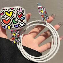 Kompatibel dengan Casing Pelindung Charger Apple 18/20W, Kabel Data Anti Jatuh Anti Pecah Bahan TPU Tahan Aus, Pelindung Berkualitas Tinggi, Motif Katak Lucu dan Motif Bunga Hitam/Pola Pita Ungu Hitam/Pola Hati Berwarna-warni/Pola Hati Pelangi, Set Kombinasi 3 Bagian - MultiWarna - View 3