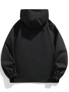 1pc Men's Pure Black Hooded Jacket, 3D Cut Body, Elastic Cuffs, Suitable For Urban Daily Wear, Great Gift - Black - View 3