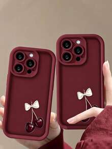 Fashionable Cute Burgundy Cherry Pattern Full Coverage Printed Phone Case, Compatible With IPhone 17/17Pro/17Promax/16/16Promax/15/14/13/12/11 And Other Models, Soft TPU Shockproof Anti-Drop Full Protection Cover, Suitable As Family Gift, Holiday Gift - Burgundy - View 6