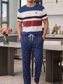 Men's Pajama Set, Contrast Stripe Short Sleeve + Lightning Print Long Pants, 2 Pieces Loungewear - Multicolor - View 1