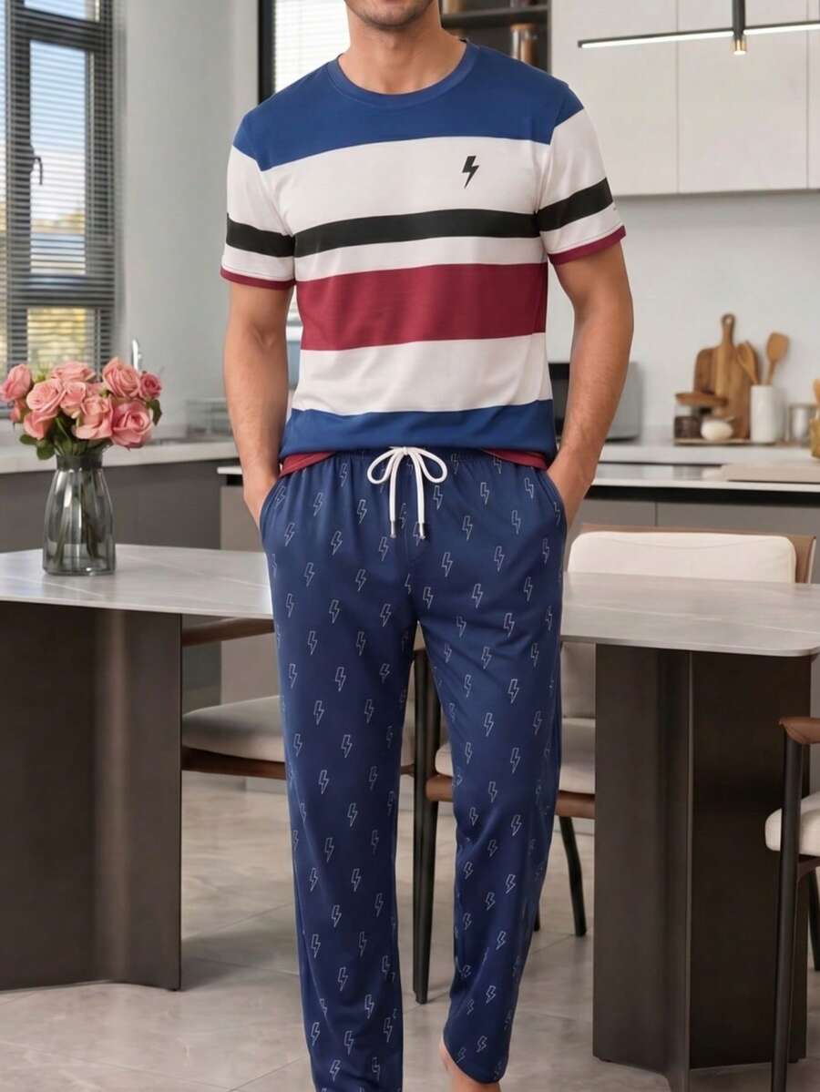 Men's Pajama Set, Contrast Stripe Short Sleeve + Lightning Print Long Pants, 2 Pieces Loungewear - Multicolor - View 1