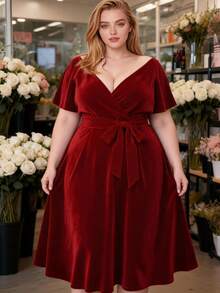 Rometta Vestido elegante de talla grande de unicolor con cinturón cruzado a la cintura, apto para el verano - Rojo - Ver 1