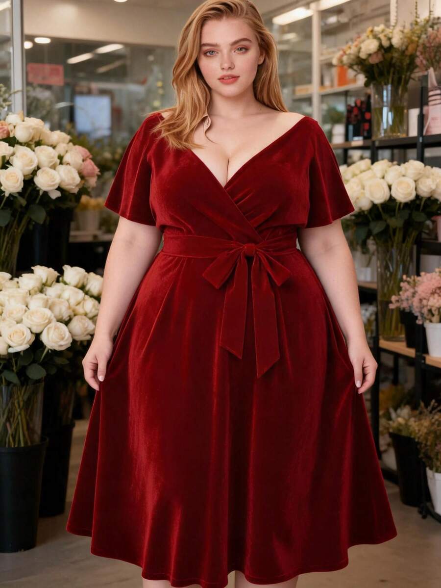 Rometta Vestido elegante de talla grande de unicolor con cinturón cruzado a la cintura, apto para el verano - Rojo - Ver 1