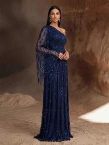 YISIKADO Asymmetrical Neck Split Thigh Sequin Formal Dress Elegant Long Sleeve Prom Evening Wedding Guest Gown, For Graduation, Dinner Party Dress Spring Fall - Navy Blue - View 5