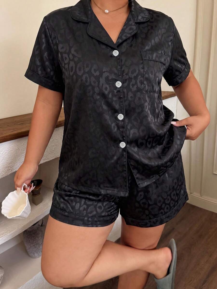 2pcs Plus Size Satin Leopard Print Short Sleeve Collared Top And Bow Shorts Women's Pajama Set Loungewear - Black - View 1