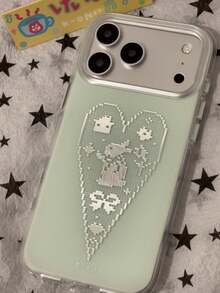 Mint Green Gold-Plated Beaded Heart Lace Rabbit Phone Case Compatible With Iphone 17 Pro Max/16 Pro/15/14/13, Matte Airbag Rounded Edge Anti-Drop Protective Cover With Lanyard - Green - View 3