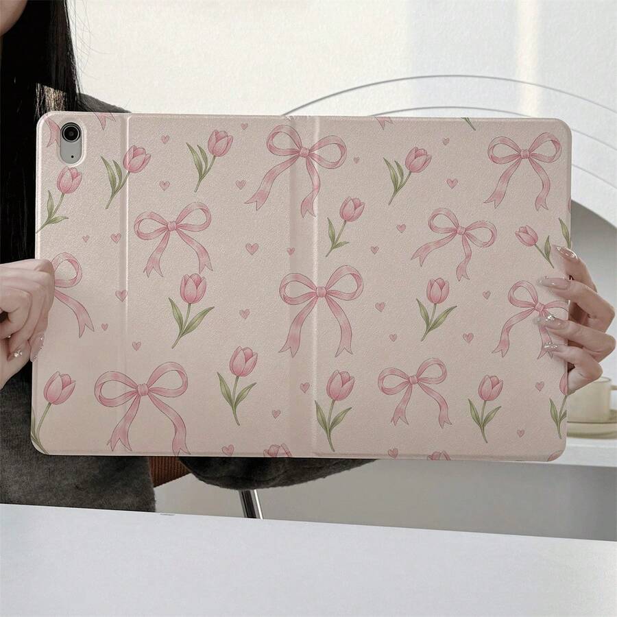 1pc Cute Pink Bow Tulip Little Heart All‑Over Print Book Style Protective Tablet Case,Multi-Angle Magnetic Stand Cover With Auto Sleep/Wake, Compatible With IPad,Compatible With SAMSUNG,Compatible With XIAOMI Pad 5/6/7,Compatible With Oppo Pad,Compatible With Huawei Matepad,Compatible With Vivo Pad,Compatible With Honor Pad,Compatible With Lenovo Xiaoxin Pad - Multicolor - View 1