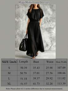 Gaun Panjang Chiffon Hitam Polos Elegan, Leher Bulat, Lengan Pendek Bergelombang, Pinggang Berkerut Elastis, Gaun Wanita yang Mengalir - Hitam - View 8