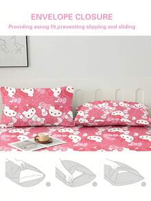 Sanrio 2/3件組 Hello Kitty 床上用品套裝，可愛卡通印花床單套組，床墊保護墊、床罩、床單，舒適家居紡織品，透氣防起球床墊保護墊，家居裝飾，適用所有床尺寸－雙人床、全尺寸、加大雙人床、特大雙人床，四季通用，防塵床罩，可機洗 - 蝴蝶結KT - 查看 6