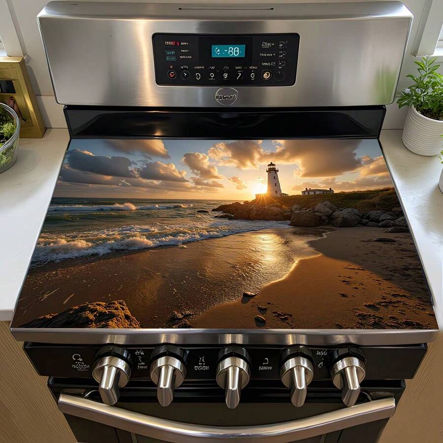 1件裝海灘燈塔日落印花廚房瀝水墊，波浪海灘風景圖案，碗盤瀝水墊，咖啡機墊，廚房檯面裝飾墊，適用於廚房、餐桌與咖啡角落 - 彩色 - 查看 1