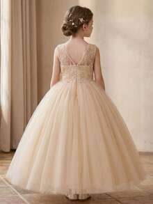 Tween Girl Champagne Color Flower Girl Dress With Open Back For Wedding - Champagne - View 3