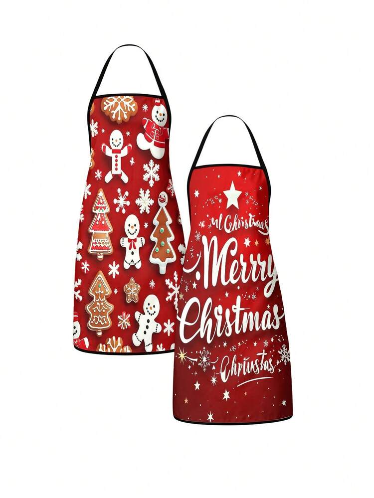 2Pcs Christmas Kitchen Apron Set, Red Background Gingerbread Man Snowman Xmas Tree Cookie Snowflake Pattern & Merry Christmas Cursive Lettering Star Snowflake Design Adjustable Waterproof Bib Aprons, Festive Holiday Baking Cooking Aprons - Multicolor - View 8