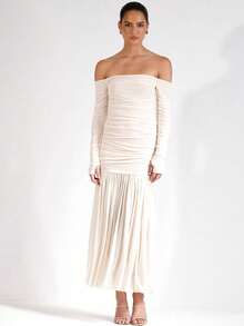 Damenmode Off-Shoulder langärmliges figurbetontes Kleid, Herbst/Winter Mesh transparentes Kleid, elegantes apricotfarbenes Cocktailparty-Abendkleid, sexy Outfit - Aprikosenfarben - Übersicht 3