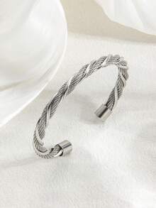 1PC Stainless Steel Twist Braided Open Bangle, Unisex Minimalist Waterproof Wrist Cuff, Couple Gift For Him Her Birthday Valentine Present - SZGSS044 - View 13