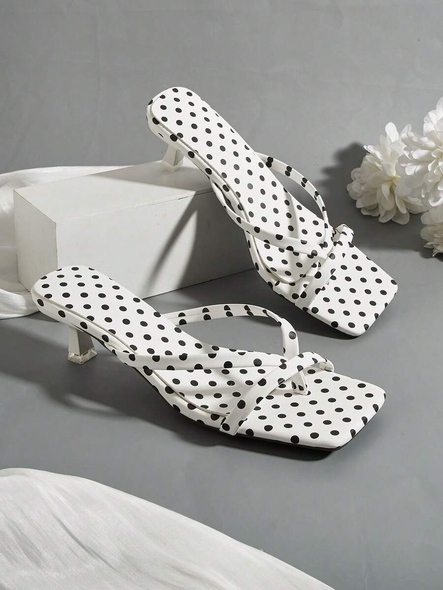 Women's 2025 Fashion Versatile Comfortable Thong High Heel Sandals With Solid Color Stone Texture (Random Stone Texture Cut) - White - View 1