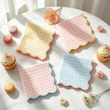 20pcs Macaron Color Wavy Edge Plaid Napkins, Suitable For Birthday Party, Bachelorette Party, Bridal Shower, Cute Theme Party, Wedding Dessert Table, Small Garden Party - Multicolor - View 4