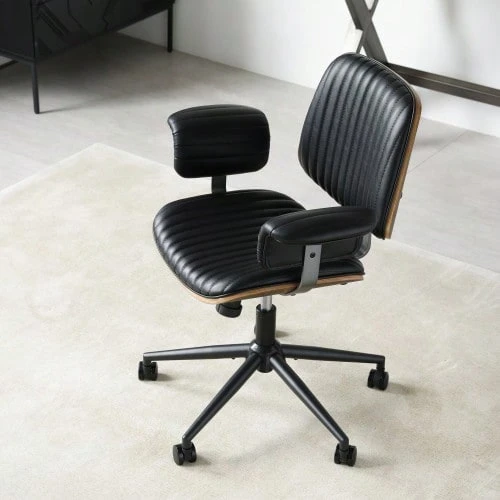 Home Office Desk Chair, Leather Ergonomic Computer Chair With Wheels And Oak Armrests, Height-Adjustable Swivel Office Chair For Executives - 黑色 - 查看 1