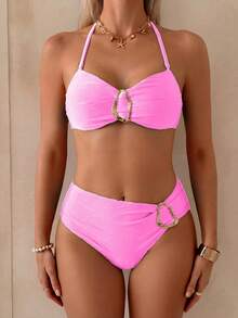 Women's Solid Color Flat Chest Hanging Neck Bikini Two Pieces Set, With Metal Accessories In The Middle, Suitable For Island Vacation - Pink - View 1