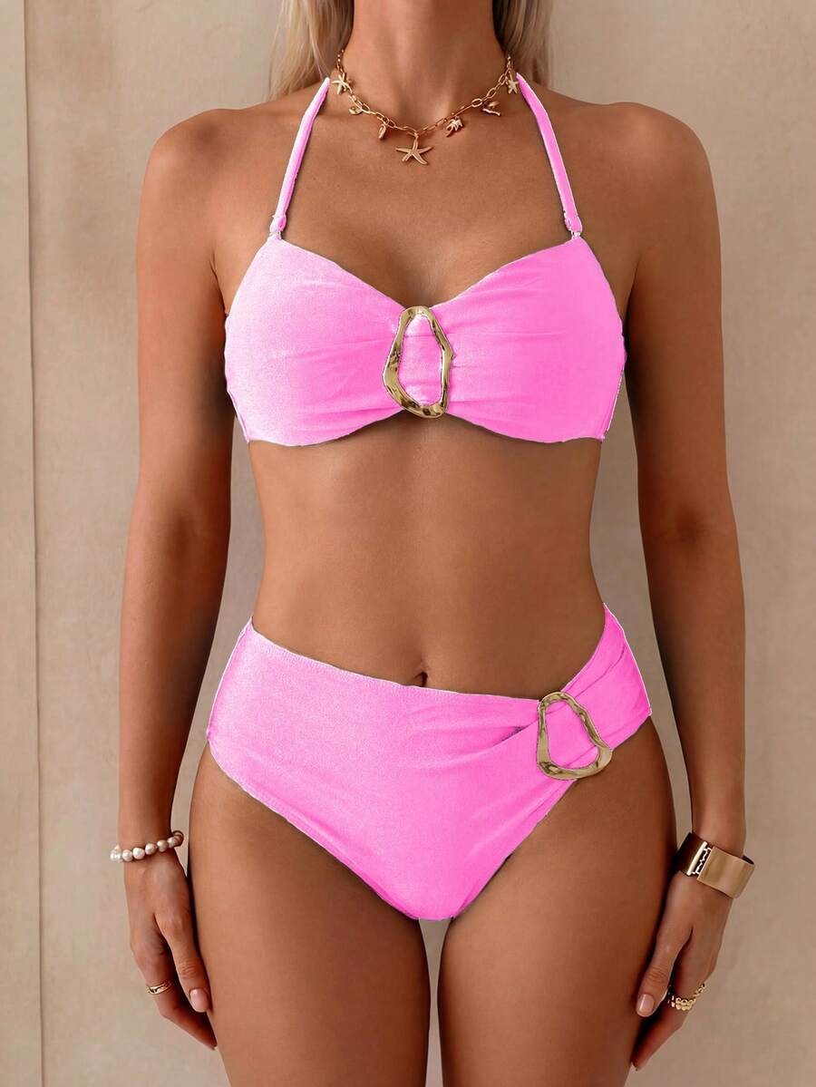 Women's Solid Color Flat Chest Hanging Neck Bikini Two Pieces Set, With Metal Accessories In The Middle, Suitable For Island Vacation - Pink - View 1