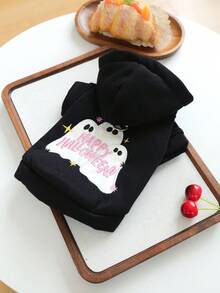 PETCIRCLE 1件寵物衣服 秋冬新款小狗幼犬貓用可愛字母刺繡連帽帽帽衛衣，萬聖節節慶氛圍 - Happy - 黑色 - 查看 3
