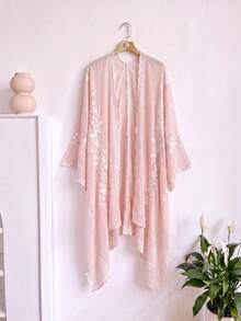 1pc Elegant Floral Embroidered Split Kimono/Sarong Shawl For Women, Bohemian Style Spring/Summer Beach Vacation Sun Protection Cover-Up, Decorative Embroidered Cardigan, Suitable For Daily Wear, Perfect Gift Choice - Pink - View 6