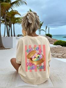 Girls Glitter Dumpling Cartoon Back Print Long Sleeve Tee, Casual Crew Neck T-Shirt - Apricot - View 2