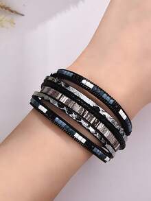 1pc Bohemian Style Purple & Pink Multi-Layer Leather Colorful Beaded Woven Magnetic Clasp Bracelet, Suitable For Women's Daily Commute Wear - Purple - View 2