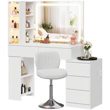 Devoko Vanity Table With LED Mirror, Dressing Table With 5 Drawers, 3 Illuminated Display Cabinets, Open Shelves, Bag Storage, Power Panel, And Selectable Chair Combination, White - 查看 4