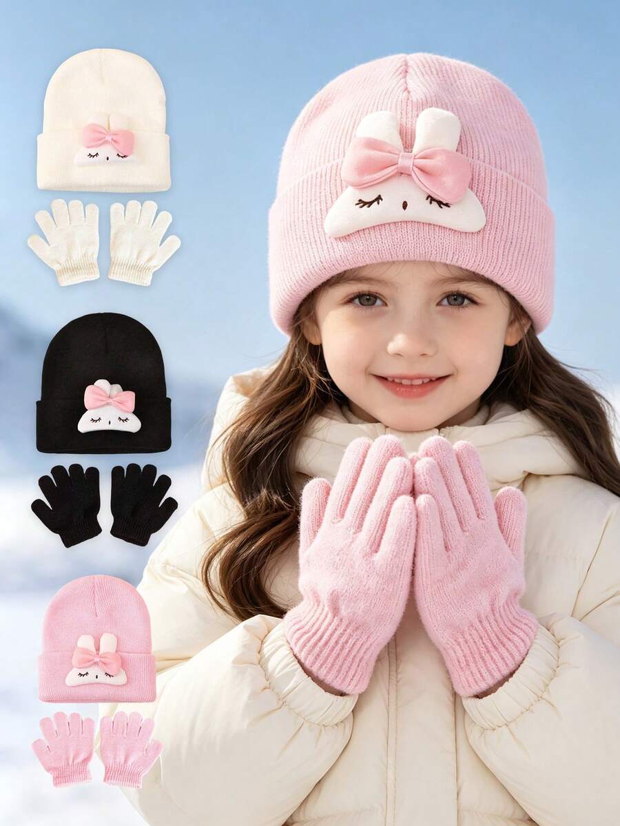 1set Kids Cute Bunny Bow Knit Beanie & Gloves Set, Little Girls Warm ...