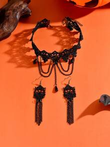 1 Set 3pcs Dark Vintage Faux Crystal Pendant Lace Choker Necklace With Metal Chain Tassel Earrings Jewelry Set For Women, Halloween Thanksgiving Party Costume Accessories, Holiday Gift - Black - View 5