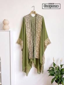 1pc Minimalist Geometric Pattern Embroidered Split Shawl Women's Kimono, Sarong Spring/Summer Bohemian Style Outerwear Beach Vacation Sun Protection Decorative Embroidered Cardigan Suitable For Daily Matching Gift Choice - Green - View 1