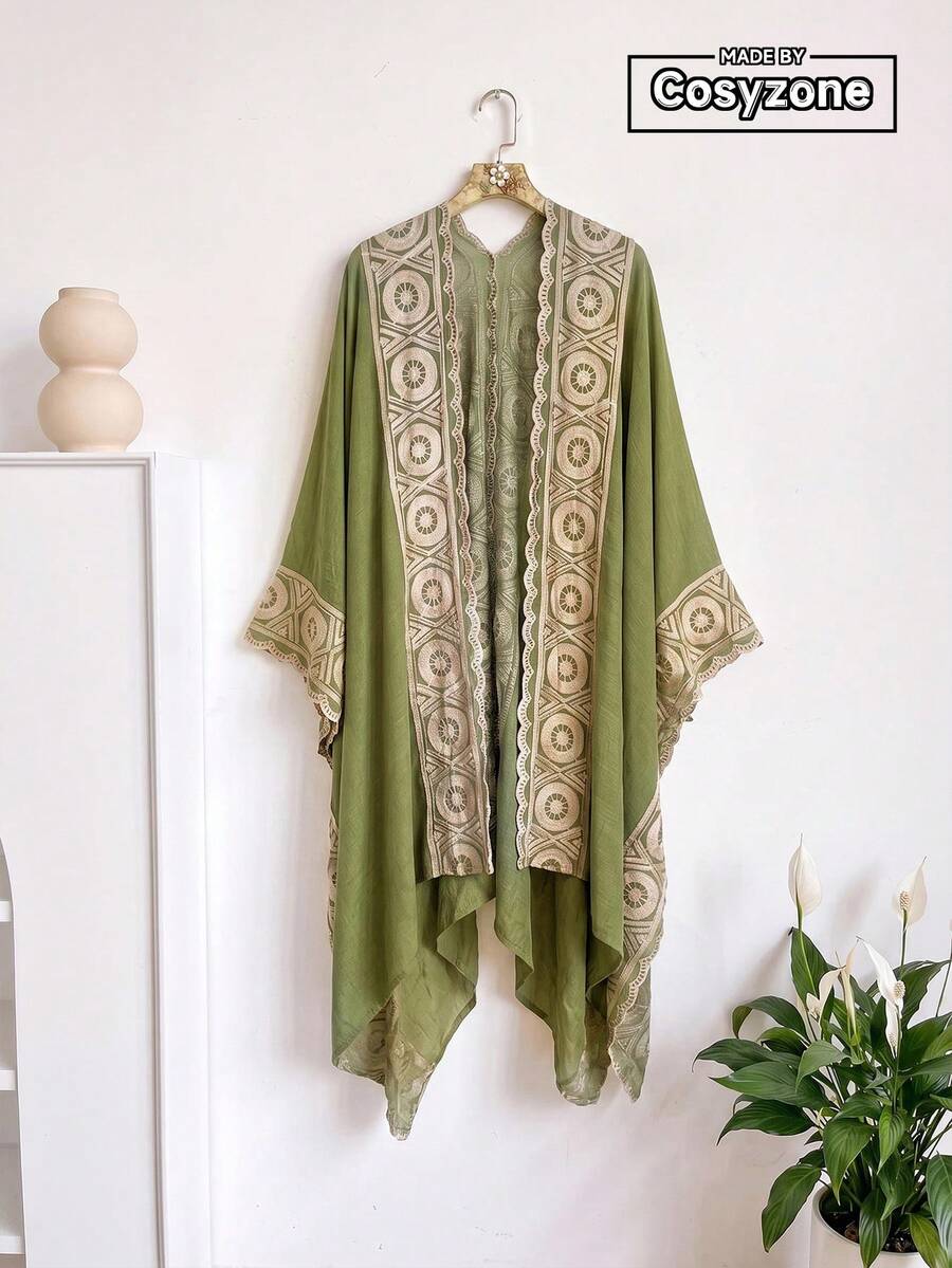 1pc Minimalist Geometric Pattern Embroidered Split Shawl Women's Kimono, Sarong Spring/Summer Bohemian Style Outerwear Beach Vacation Sun Protection Decorative Embroidered Cardigan Suitable For Daily Matching Gift Choice - Green - View 1