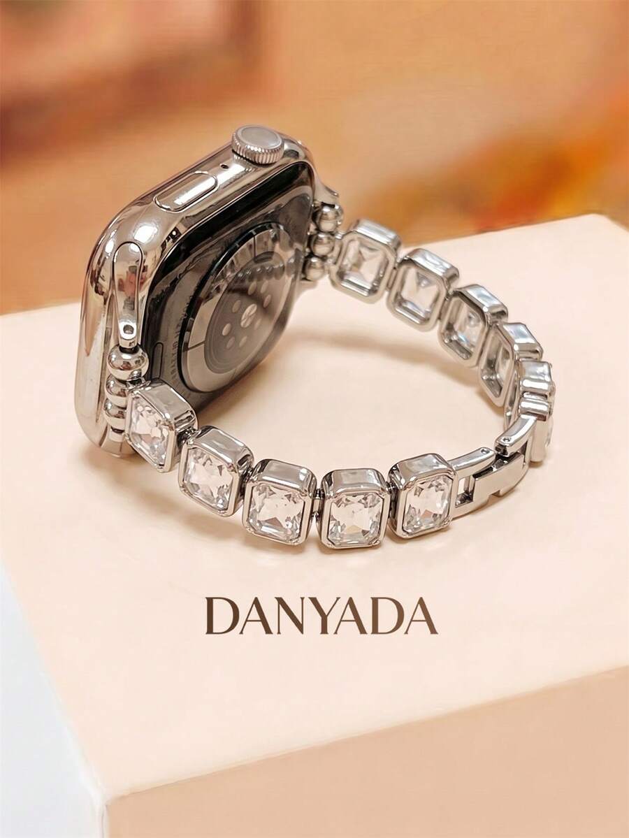 Compatible With Apple Watch Bands / Watch Bracelets, Women's Rectangular Trapezoid Rhinestone Silver Metal Thin Strap, Sparkling Luxury Adjustable Bracelet Wristband, Compatible With Apple Watch 38/40/41/42/44/45/46/49mm, Compatible With Ultra3/2/1/SE/11/10/9/8/7/6/5/4/3/2/1 All Series, Niche Exquisite Luxury Atmosphere Smart Watch Accessory - Silver - View 1