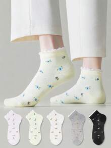 ZUJO 5 Pairs Women's Short Socks, Floral Pattern, Breathable Non-Slip Comfortable, Suitable For Home And Travel, All Season, Random Color - Multicolor - View 3