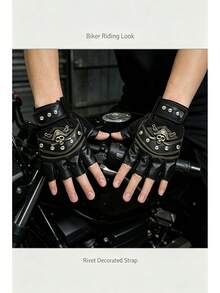 Pirate Skull Rivet Half-Finger Leather Gloves Unisex Couple Outdoor Gear Suitable For Hiking Cycling Driving Autumn Winter Sports Street Gathering Mot - Pirate Black - View 3