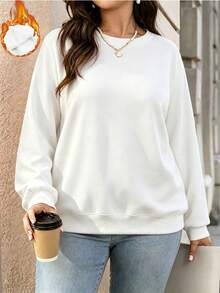 Women's Plus Size Warm Fleece Crew Neck Sweatshirt, Long Sleeve Loose Fit Solid Color Casual Pullover Basic Sweat Top - White - View 1
