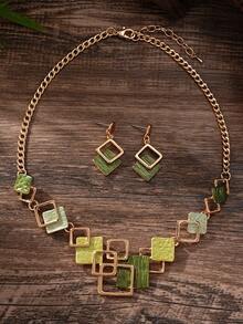 Cring Coco Set Perhiasan Geometris Persegi Enamel Hijau Gradien 4 Buah, Kalung Rantai Statement, Anting-Anting Gantung, Gelang Manset, Aksesoris Bertekstur untuk Wanita - Geometri 1 - View 8