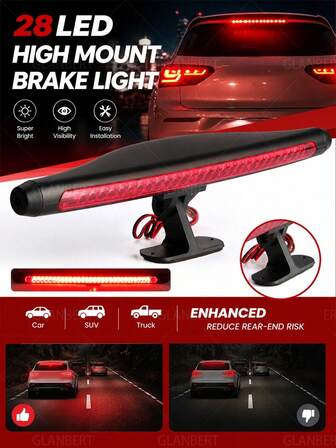 GLANBERT Red Car High-Mount Brake Light, High-Brightness LED Tail Light, Brake Light, Easy Installation, Warning Accessory, Suitable For Cars, SUVs And Trucks, Enhanced Rear Warning