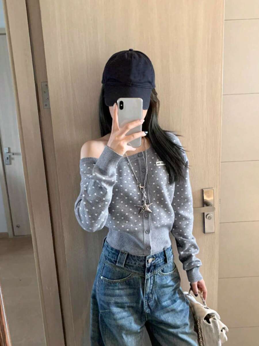 Polka Dot Knit Cardigan Women Spring Autumn New Asymmetrical Neck Slim Fit Sweater Slimming Long Sleeve Design Niche Asymmetrical Top - Grey - View 1