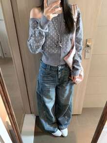 Polka Dot Knit Cardigan Women Spring Autumn New Asymmetrical Neck Slim Fit Sweater Slimming Long Sleeve Design Niche Asymmetrical Top - Grey - View 2
