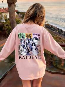 Girls Vintage Band Photo Back Print Long Sleeve Tee, Music Fan Graphic Casual Fall Top - Pink - View 1