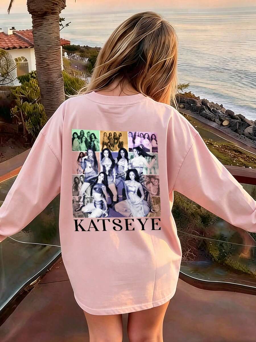 Girls Vintage Band Photo Back Print Long Sleeve Tee, Music Fan Graphic Casual Fall Top - Pink - View 1