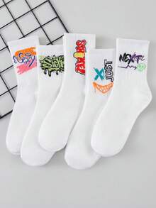 1/5 Pairs Random Men's White Graffiti Letter Mid-Calf Socks, Cool Multi-Slogan Print Breathable Skateboard Socks For Men And Women - Multicolor - View 3