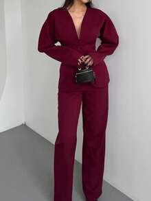 Women's Elegant Suit Jacket And Pants Set, Slim Fit V-Neck Petal Sleeve Single Button Blazer, Solid Color Straight Leg Pants, Casual Button - Burgundy - View 6