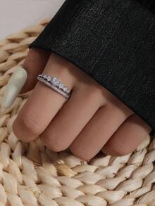 5pcs Fashion Minimalist Cubic Zirconia Multi-Element Open Ring Set Suitable For Women's Daily Wear And Gatherings (Gift Box Not Included) - Silver - View 4