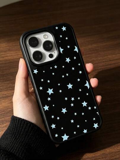 1 Peça Capa de Telefone com Estampa de Estrela e Lua Azul Menta em Bottom Preto, Moldura de Câmera com Janela Grande, Capa Rígida à Prova de Choque, Acessório Minimalista Y2K Cool Ins, Presente Ideal Compatível com iPhone 11/12/13/14/15/16/17 Pro Max