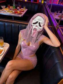 1PC Pink Sequin Scream Mask, Suitable For Halloween And Role-Playing. Made Of High-Quality Latex Material.Cos - Multicolor - View 4